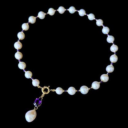 Pearl, Solid 14k Yellow Gold Necklace with Removable Amethyst Centerpiece