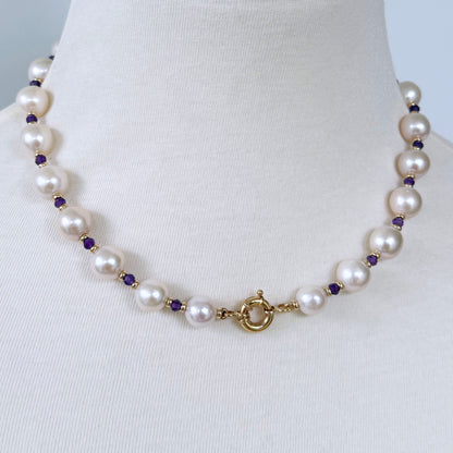Pearl, Solid 14k Yellow Gold Necklace with Removable Amethyst Centerpiece