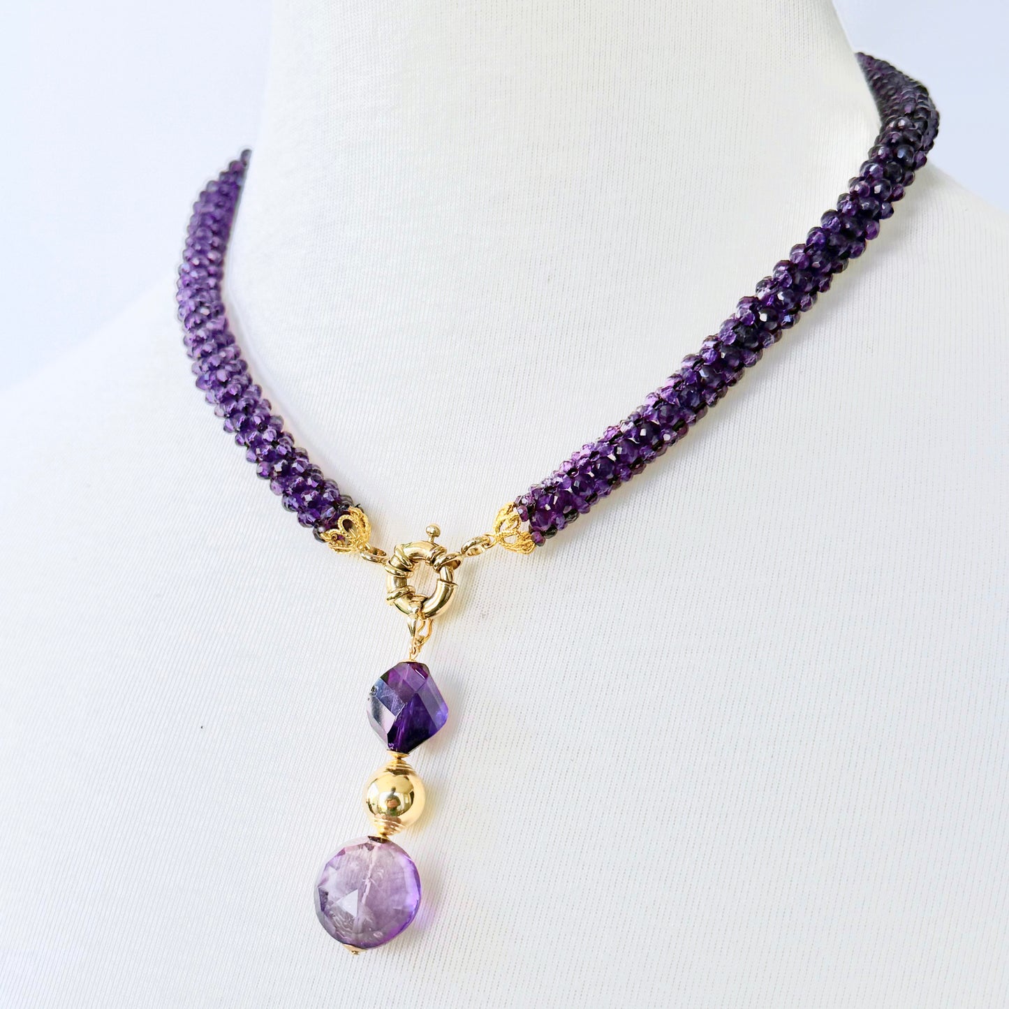 Amethyst Woven Rope Necklace with 14k Solid Gold