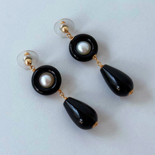 Black Onyx, Pearl & Solid 14k 'Art Deco' Dangle Earrings