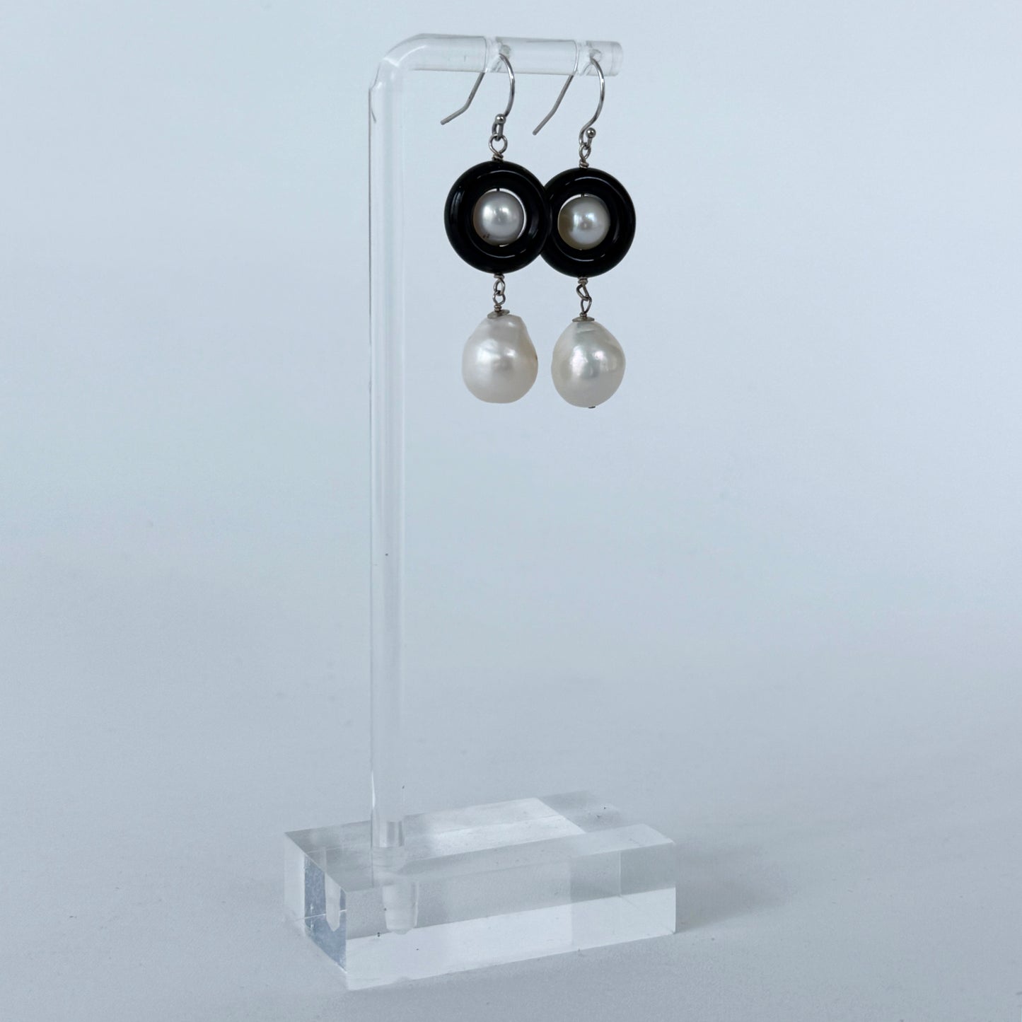 Black Onyx, Pearl & Solid 14k Art Deco Dangle Earrings