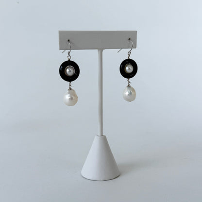 Black Onyx, Pearl & Solid 14k Art Deco Dangle Earrings