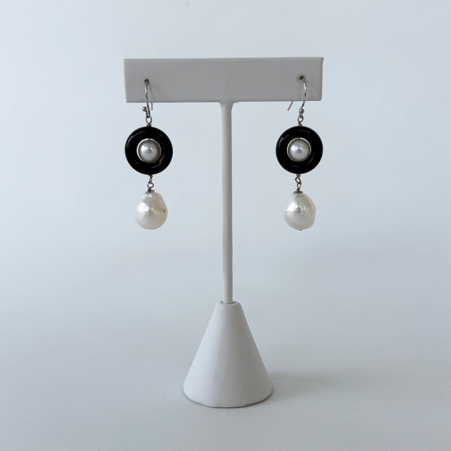 Black Onyx, Pearl & Solid 14k Art Deco Dangle Earrings