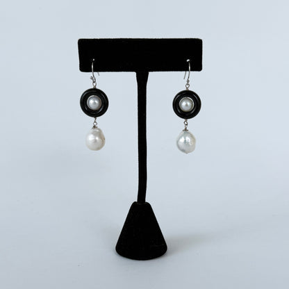 Black Onyx, Pearl & Solid 14k Art Deco Dangle Earrings