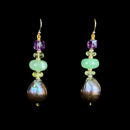 Baroque Black Pearl, Amethyst, Chalcedony, Citrine & Solid 14k Earrings