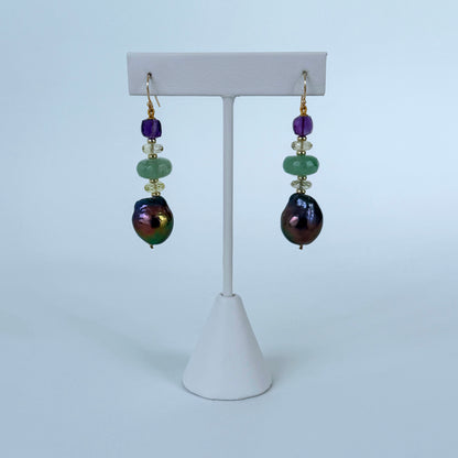 Baroque Black Pearl, Amethyst, Chalcedony, Citrine & Solid 14k Earrings