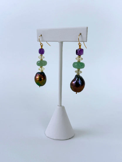 Baroque Black Pearl, Amethyst, Chalcedony, Citrine & Solid 14k Earrings