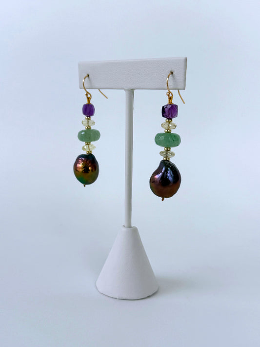 Baroque Black Pearl, Amethyst, Chalcedony, Citrine & Solid 14k Earrings