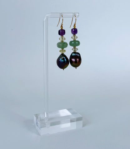 Baroque Black Pearl, Amethyst, Chalcedony, Citrine & Solid 14k Earrings