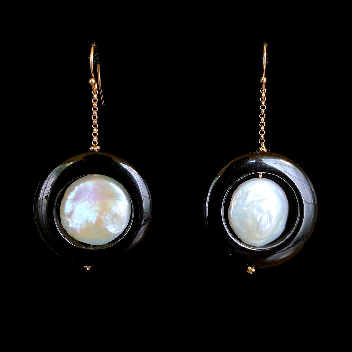 Pearl & Black Onyx Dangle Earrings with solid 14k Yellow Gold