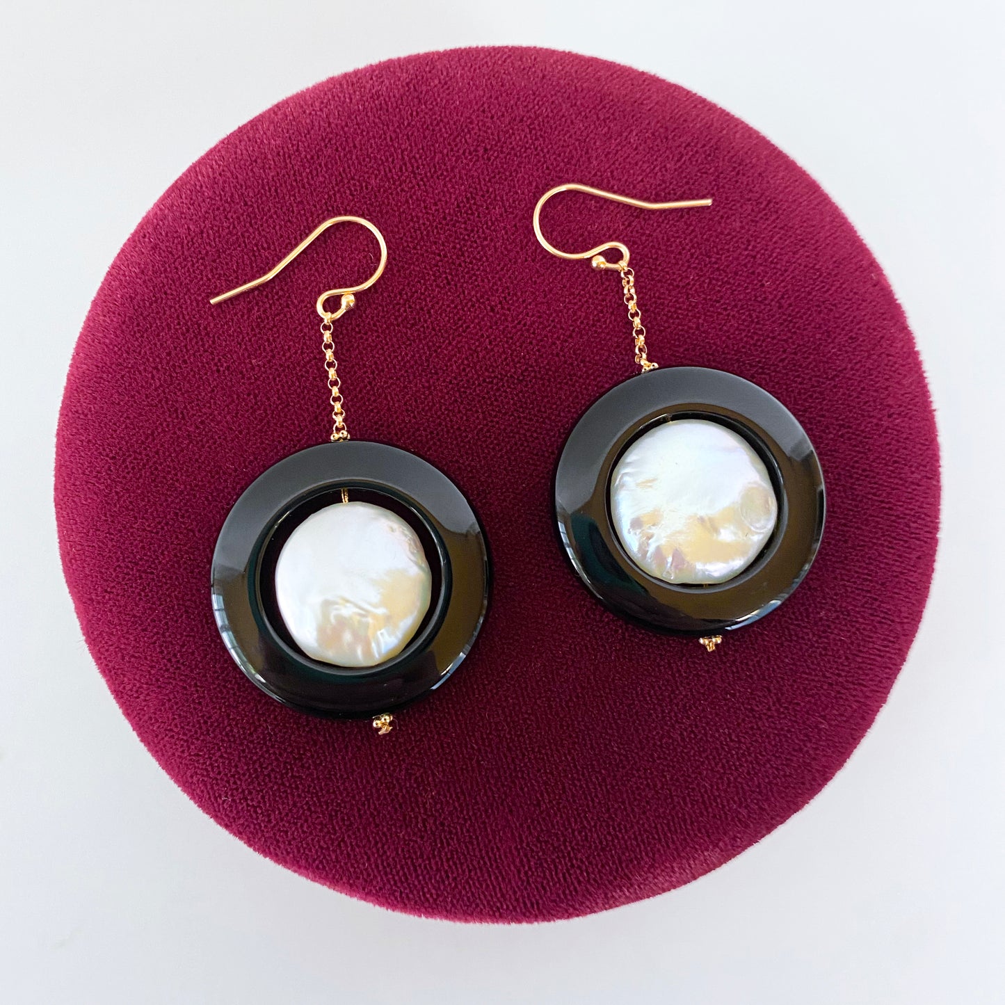 Pearl & Black Onyx Dangle Earrings with solid 14k Yellow Gold