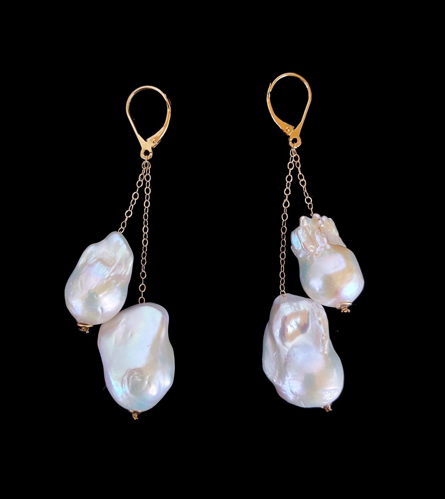 Solid 14k Yellow Gold Baroque Pearl Earrings with Lever Back Hooks