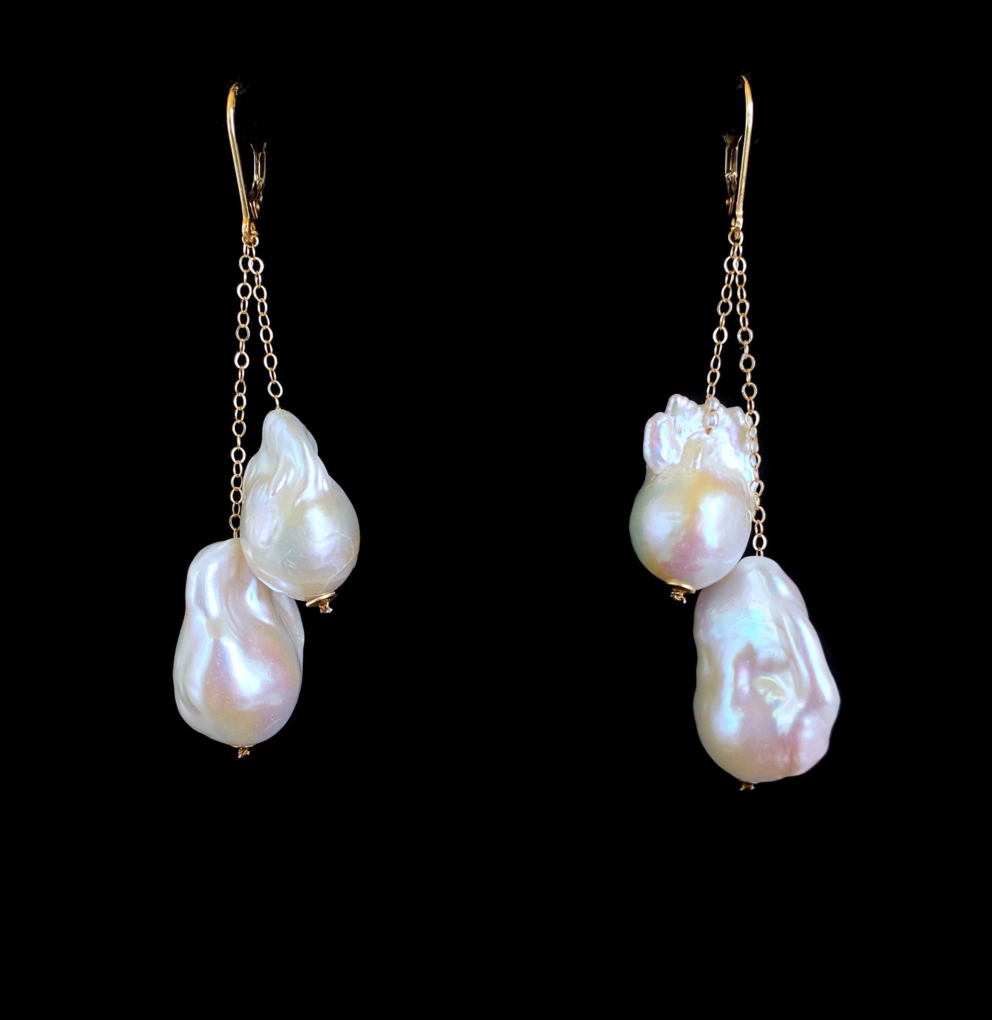 Solid 14k Yellow Gold Dangle Baroque Pearl Earrings w Lever Back Hooks