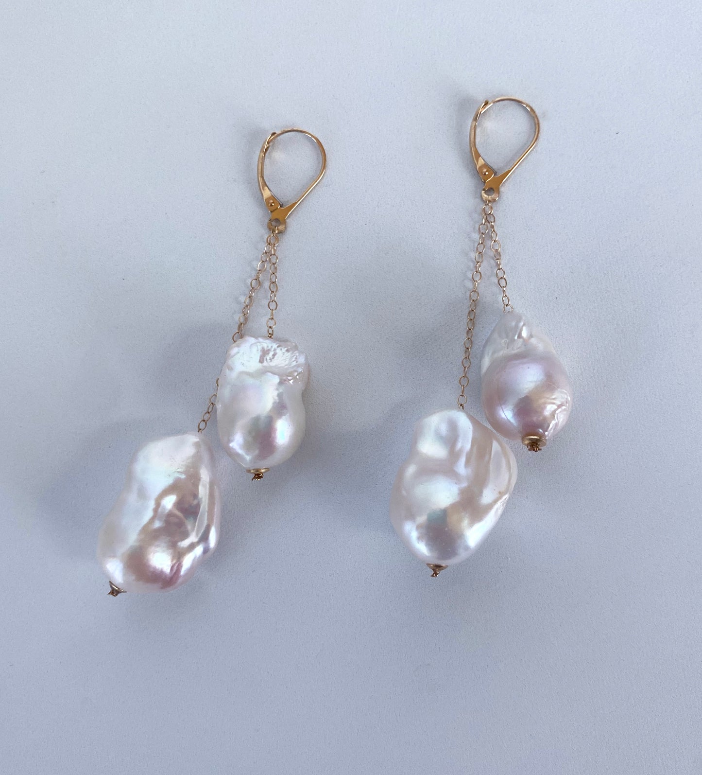 Solid 14k Yellow Gold Dangle Baroque Pearl Earrings w Lever Back Hooks