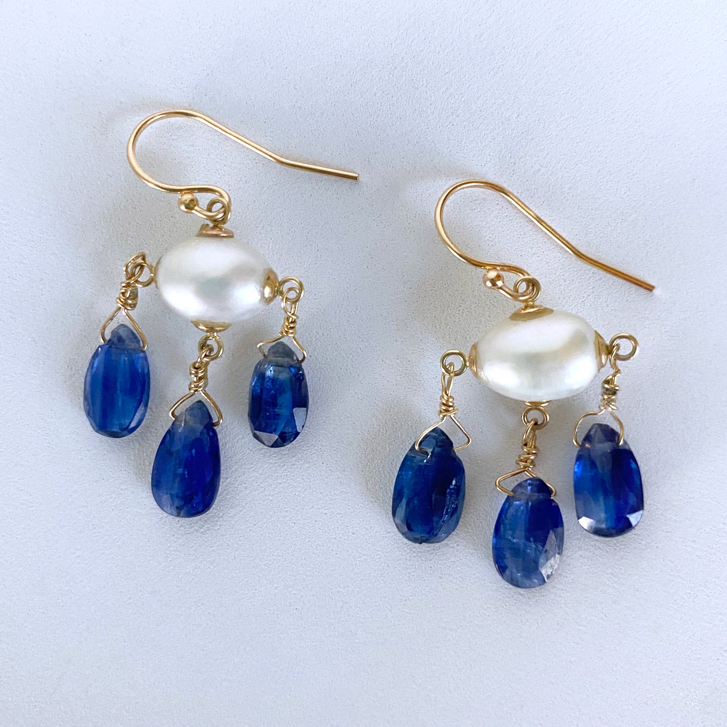 Blue Kyanite, Pearl & Solid 14k Yellow Gold Chandelier Earrings