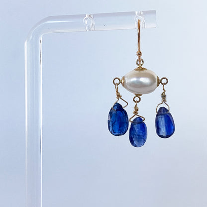 Blue Kyanite, Pearl & Solid 14k Yellow Gold Chandelier Earrings