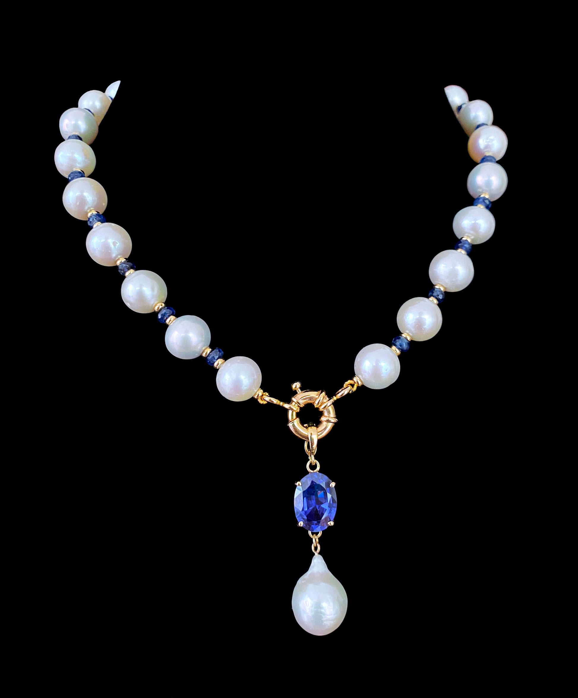 Blue Sapphire, Pearl Solid 14k Yellow Gold Necklace – Marina J