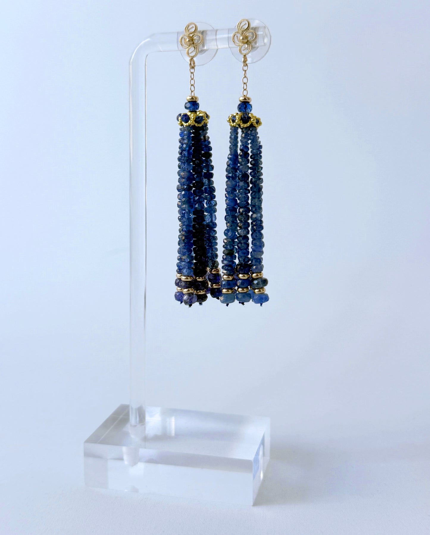 Blue Sapphire & Solid 14k Yellow Gold Tassel Earrings