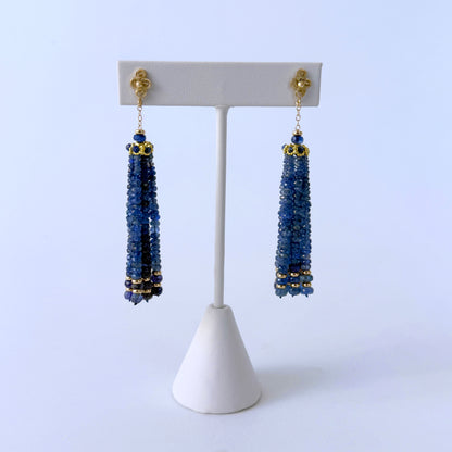 Blue Sapphire & Solid 14k Yellow Gold Tassel Earrings