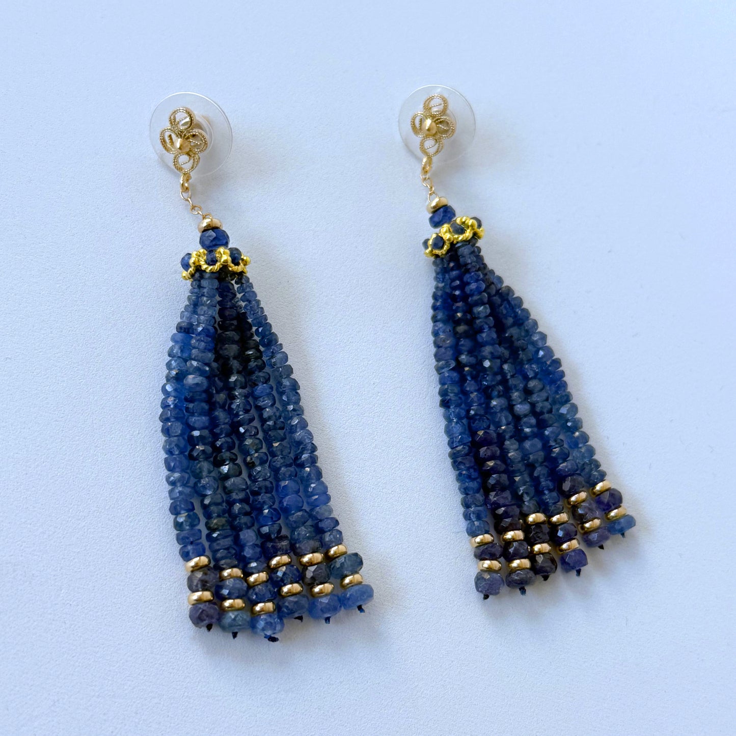 Blue Sapphire & Solid 14k Yellow Gold Tassel Earrings