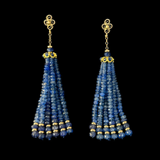 Blue Sapphire & Solid 14k Yellow Gold Tassel Earrings