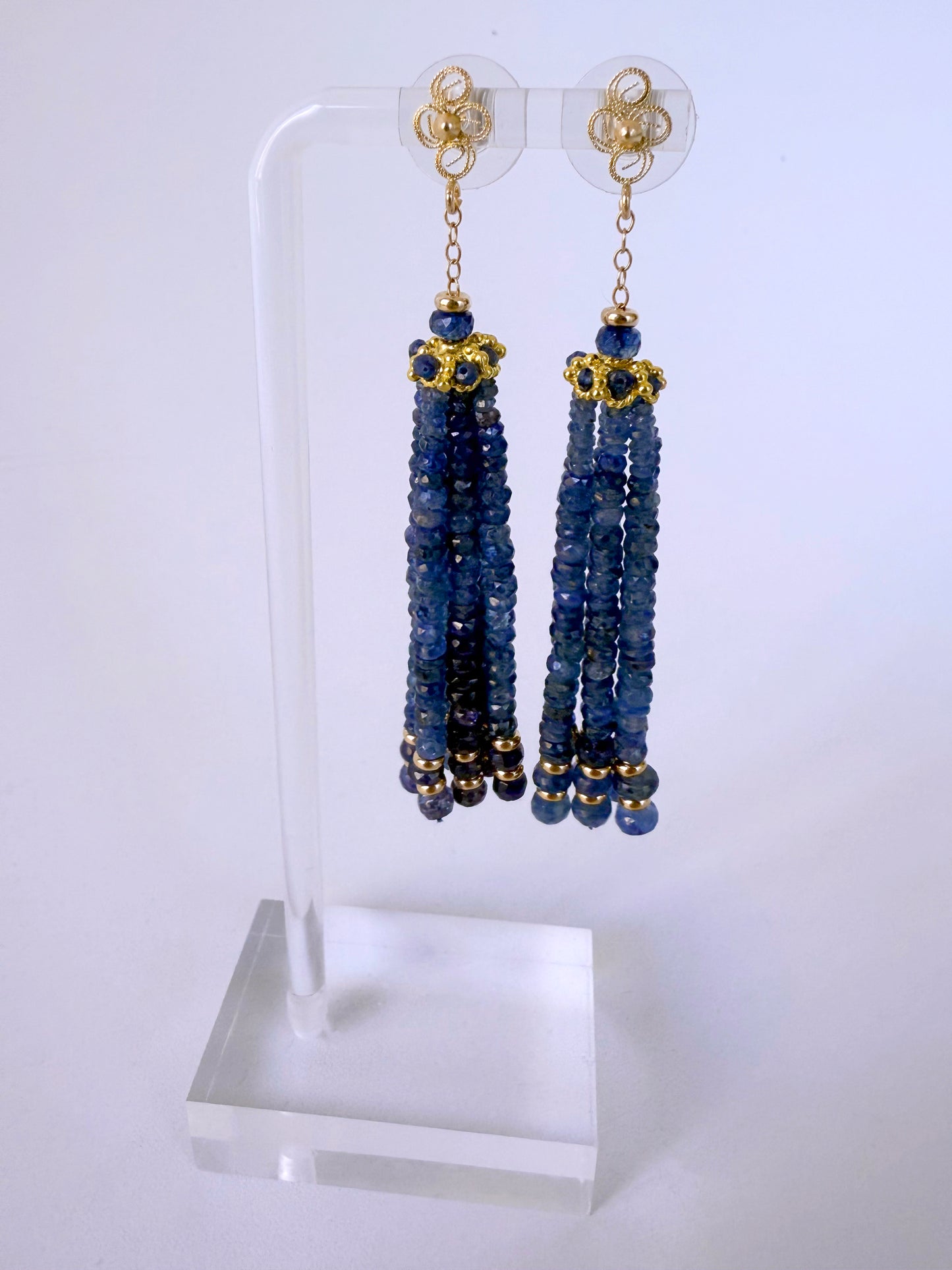 Blue Sapphire & Solid 14k Yellow Gold Tassel Earrings