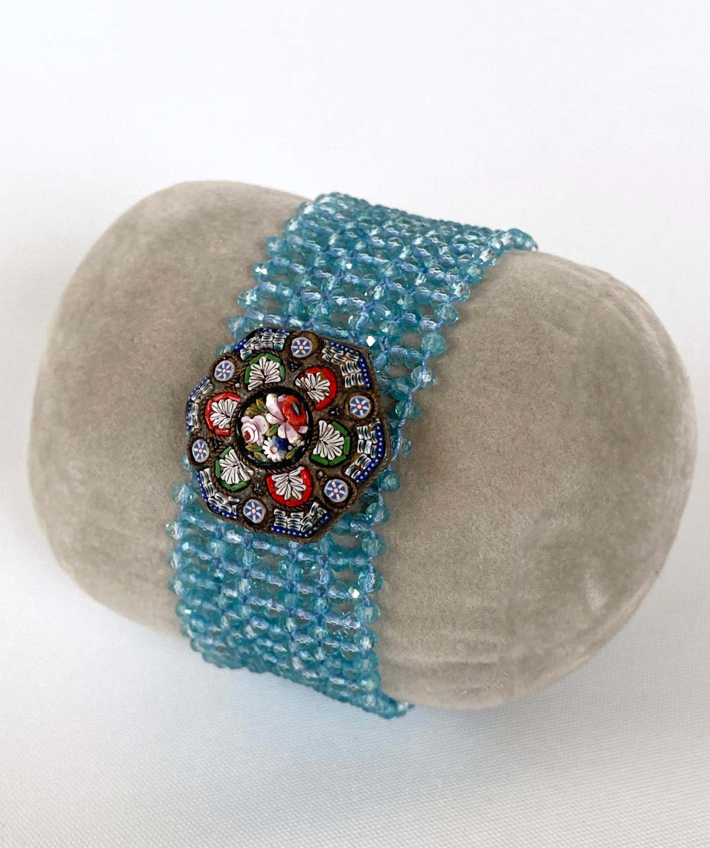 Woven Aquamarine Bracelet with Vintage Mosaic Centerpiece & Gold