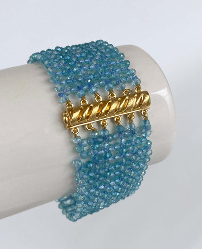 Woven Aquamarine Bracelet with Vintage Mosaic Centerpiece & Gold