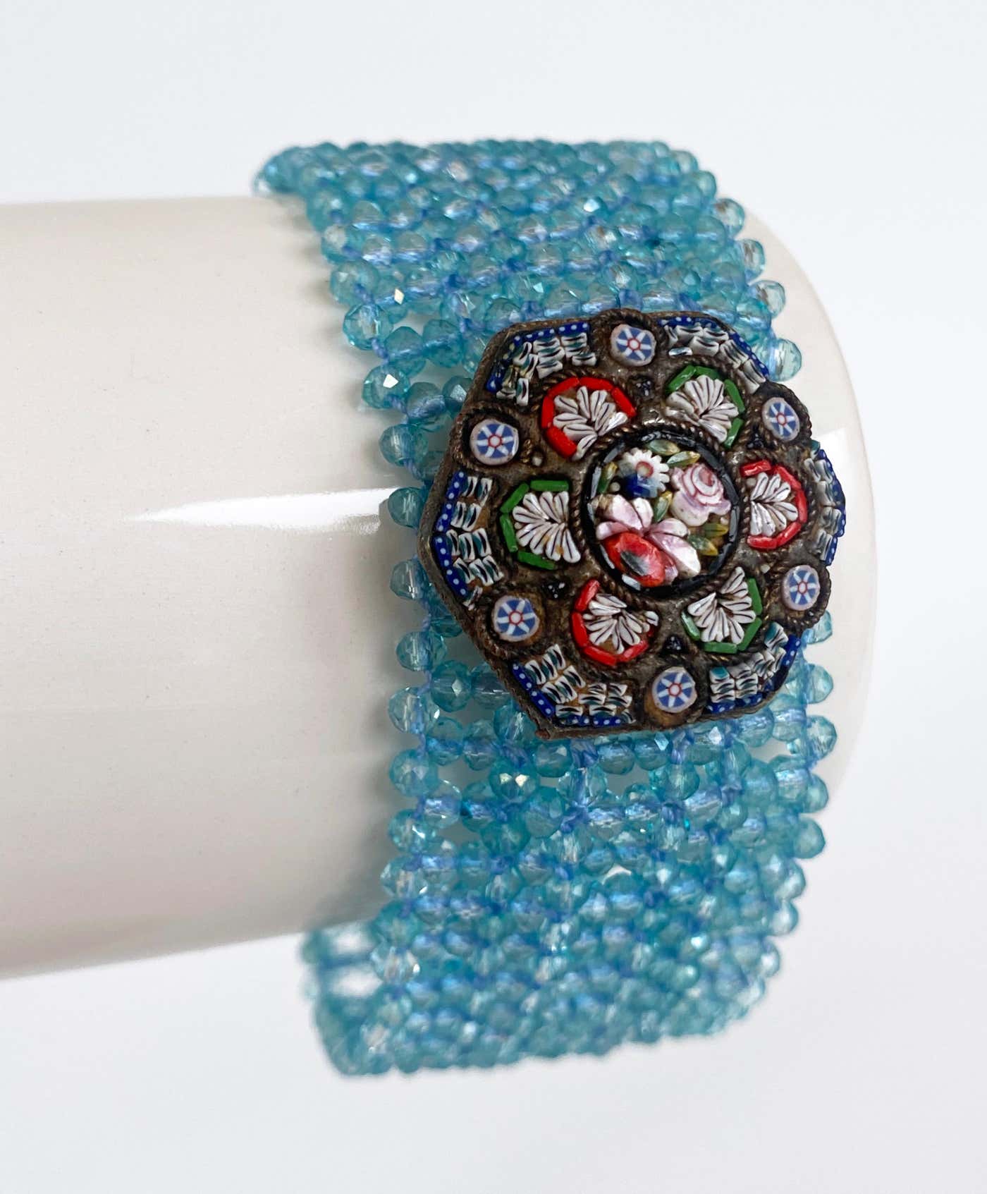 Woven Aquamarine Bracelet with Vintage Mosaic Centerpiece & Gold