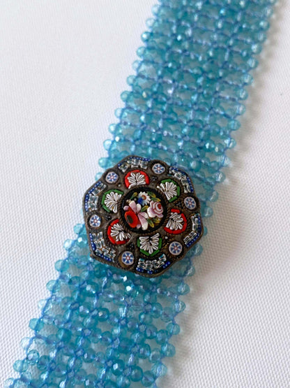 Woven Aquamarine Bracelet with Vintage Mosaic Centerpiece & Gold