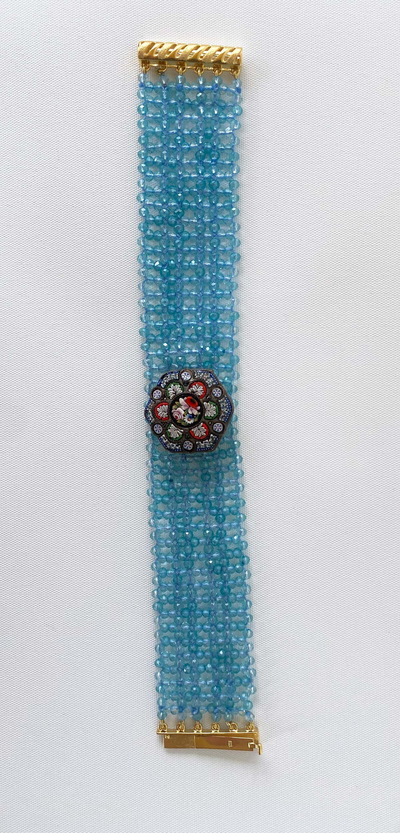 Woven Aquamarine Bracelet with Vintage Mosaic Centerpiece & Gold