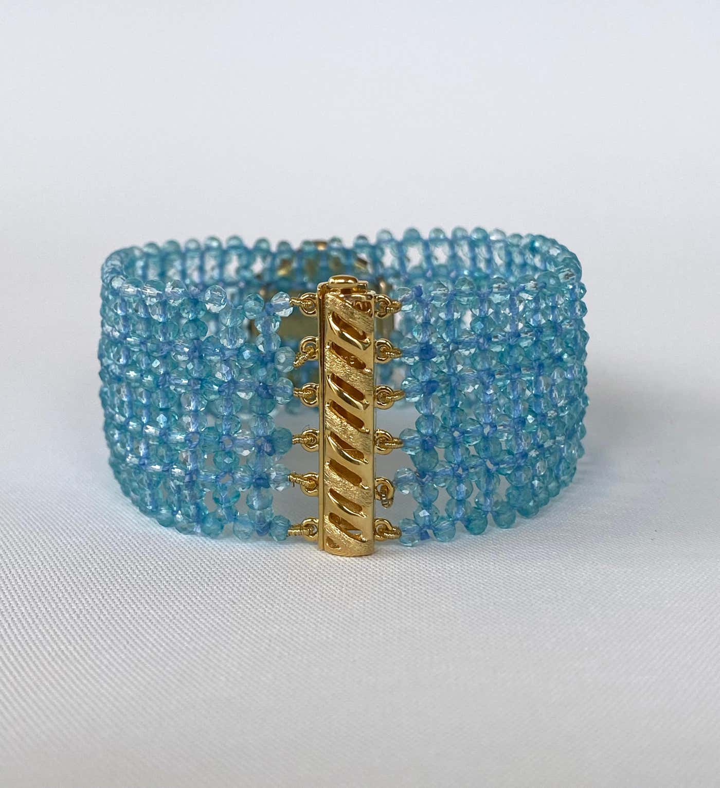 Woven Aquamarine Bracelet with Vintage Mosaic Centerpiece & Gold