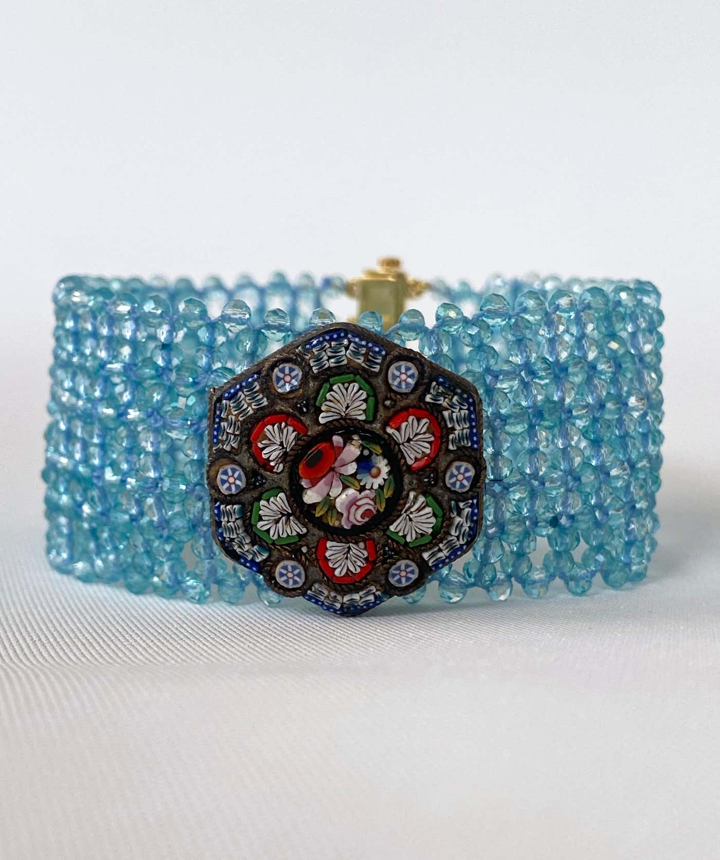 Woven Aquamarine Bracelet with Vintage Mosaic Centerpiece & Gold