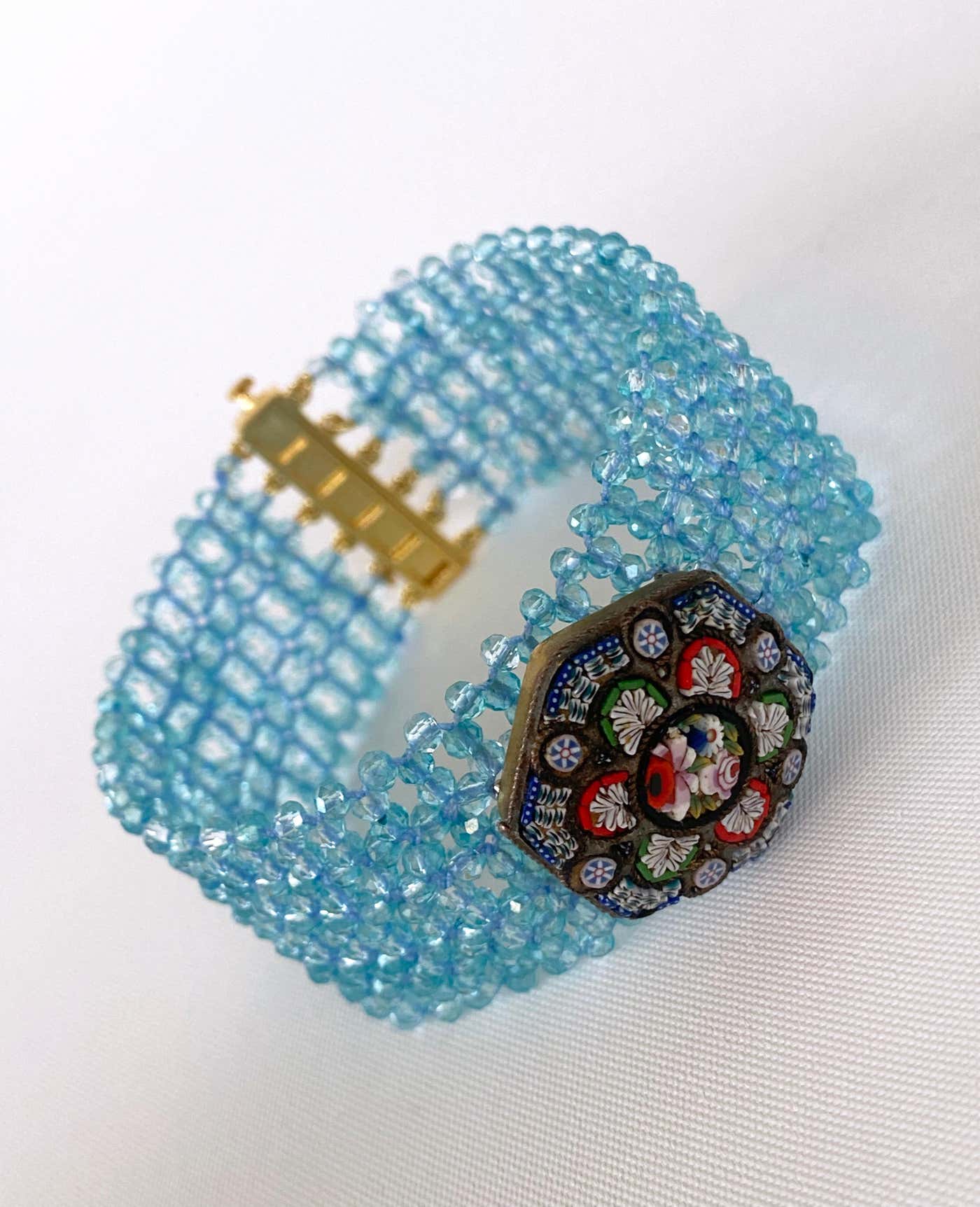 Woven Aquamarine Bracelet with Vintage Mosaic Centerpiece & Gold