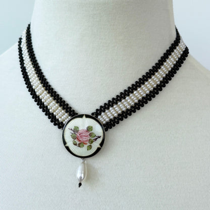 Black Onyx, Pearl & Silver Necklace with Vintage Enamel Centerpiece