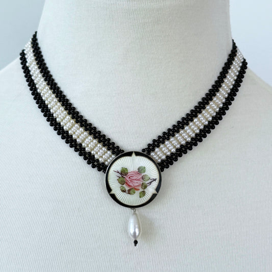 Black Onyx, Pearl & Silver Necklace with Vintage Enamel Centerpiece