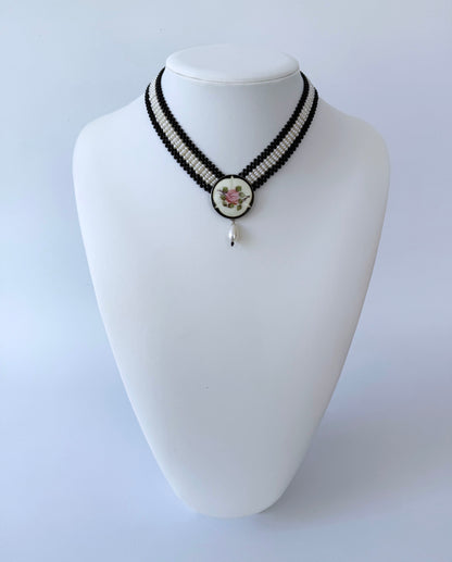 Black Onyx, Pearl & Silver Necklace with Vintage Enamel Centerpiece