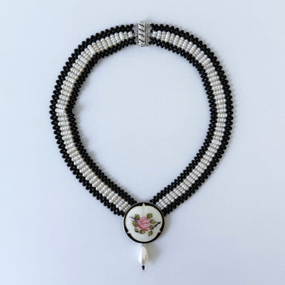 Black Onyx, Pearl & Silver Necklace with Vintage Enamel Centerpiece