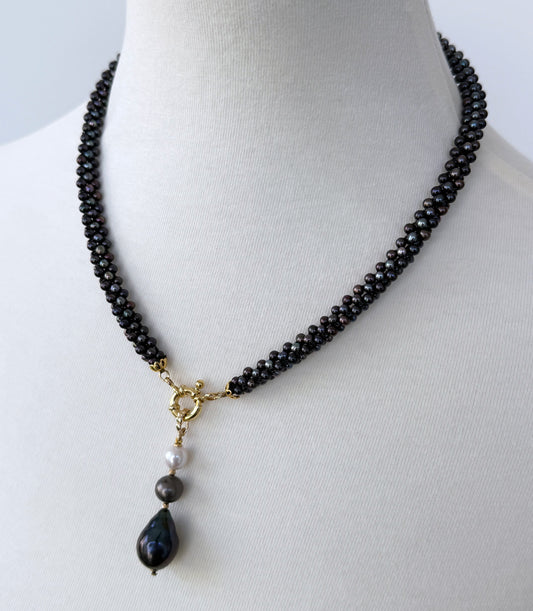 Black Pearl Rope Necklace with 18k Yellow Gold Plating & Drop Tassel