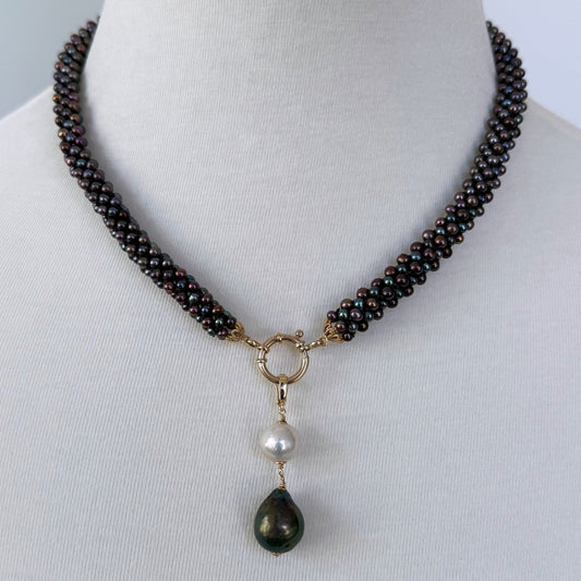 Solid 14k Gold, Black Pearl Rope Necklace with a Removable Baroque Pearl Drop Tassel
