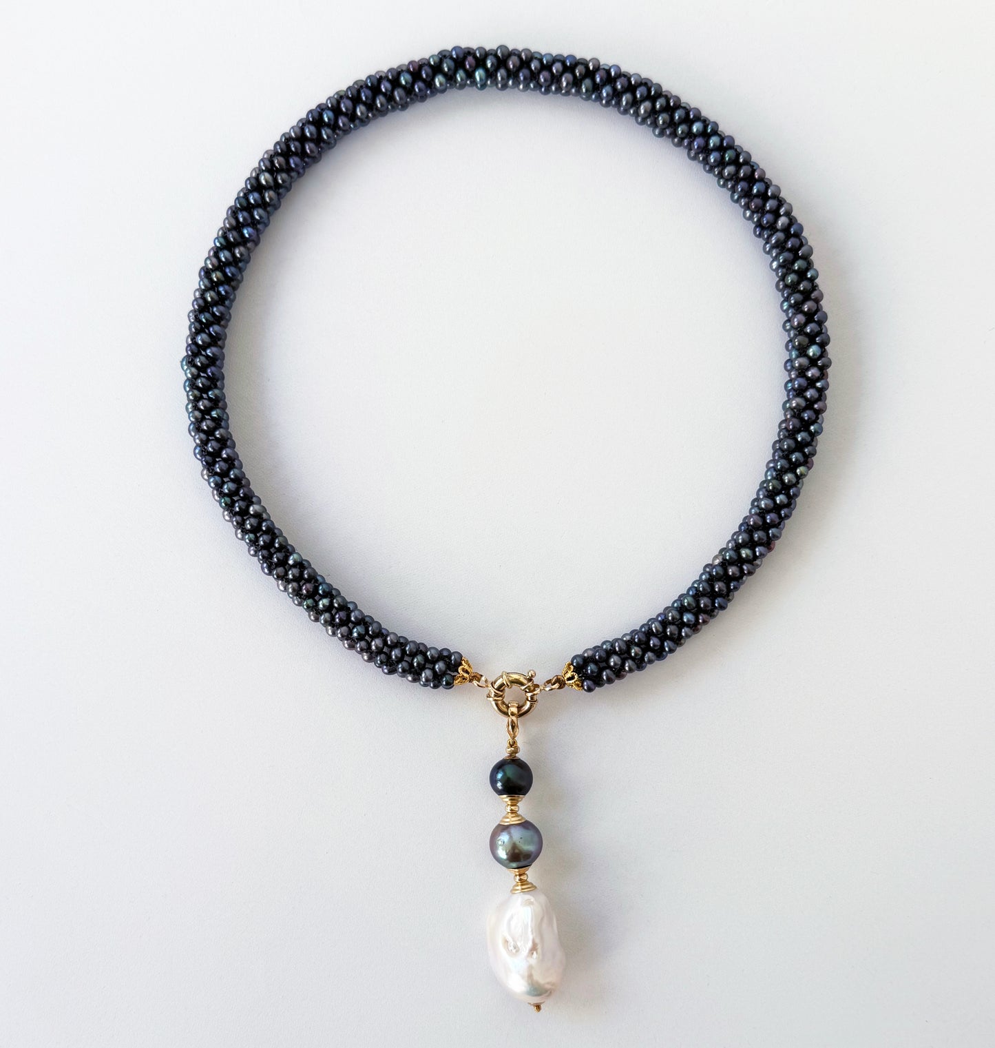 Black Pearl & 14k Rope Necklace With Drop Tassel