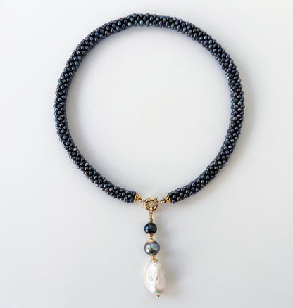 Black Pearl & 14k Rope Necklace With Drop Tassel
