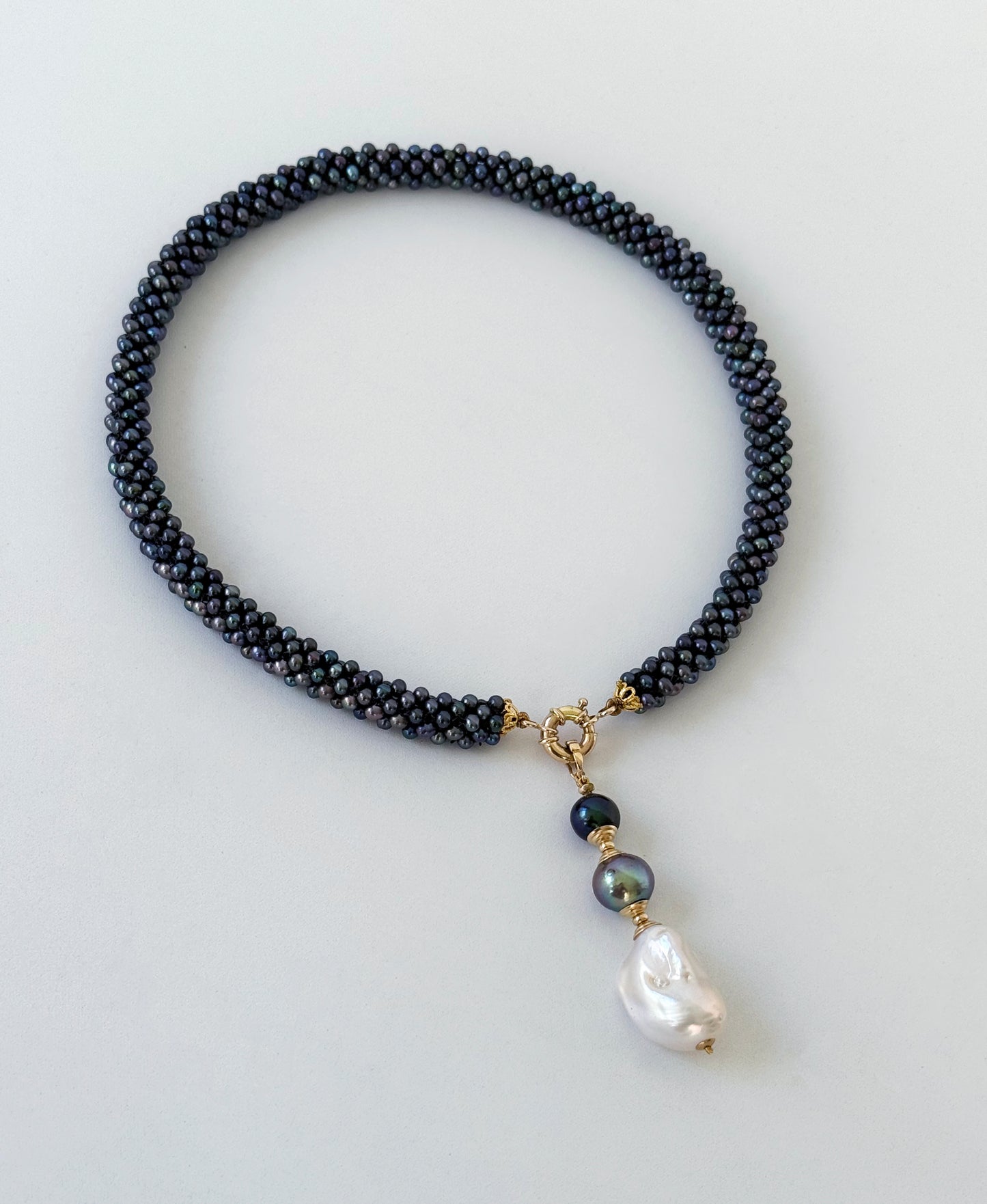 Black Pearl & 14k Rope Necklace With Drop Tassel