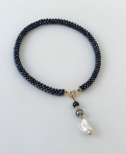 Black Pearl & 14k Rope Necklace With Drop Tassel