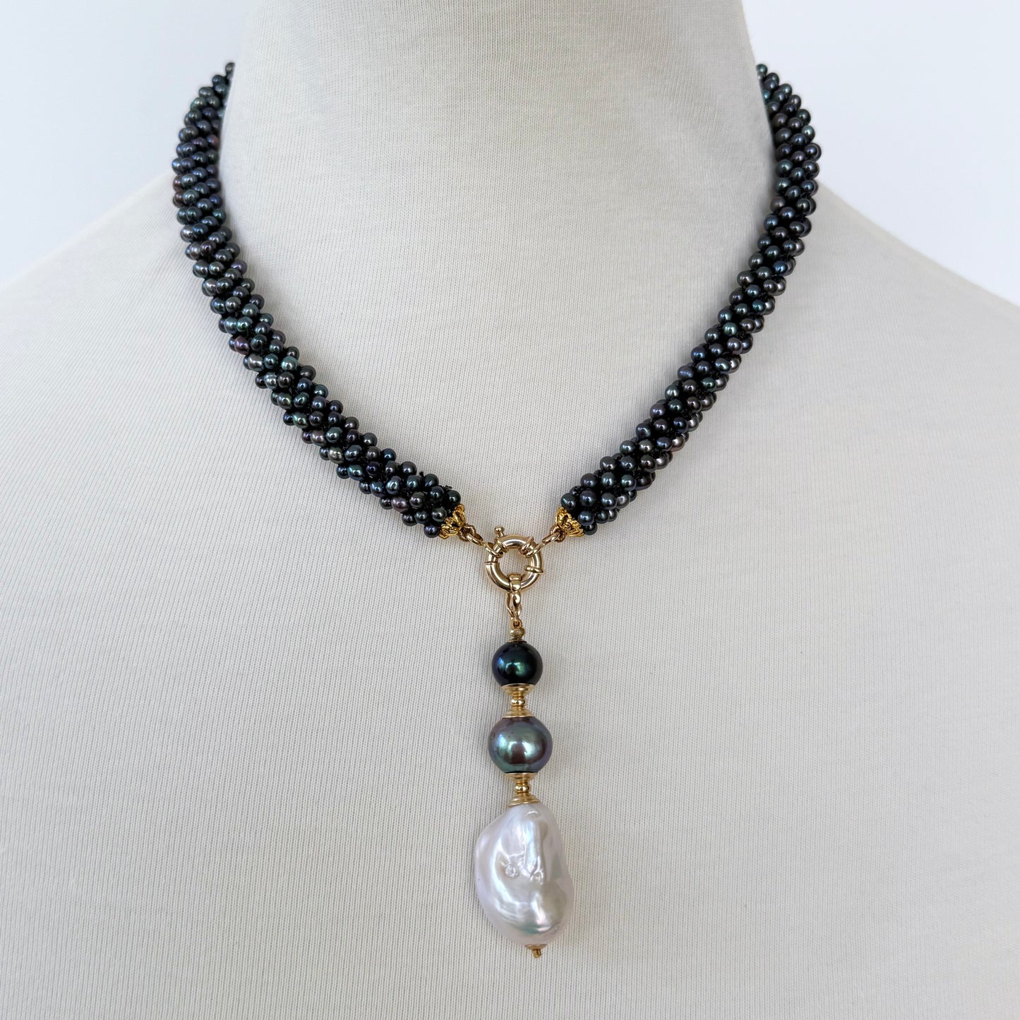 Black Pearl & 14k Rope Necklace With Drop Tassel