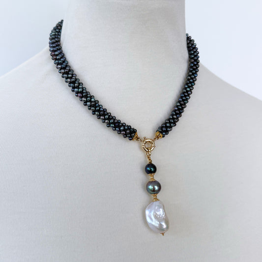 Black Pearl & 14k Rope Necklace With Drop Tassel