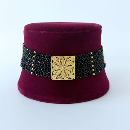 Black Spinel & 18k Yellow Gold Plated Choker with Floral Centerpiece