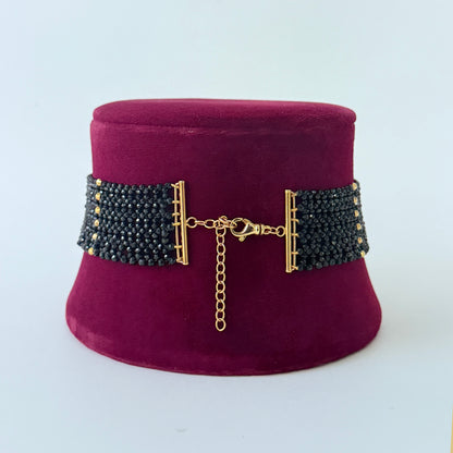 Black Spinel & 18k Yellow Gold Plated Choker with Floral Centerpiece