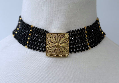 Black Spinel & 18k Yellow Gold Plated Choker with Floral Centerpiece