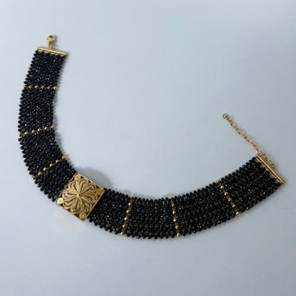 Black Spinel & 18k Yellow Gold Plated Choker with Floral Centerpiece